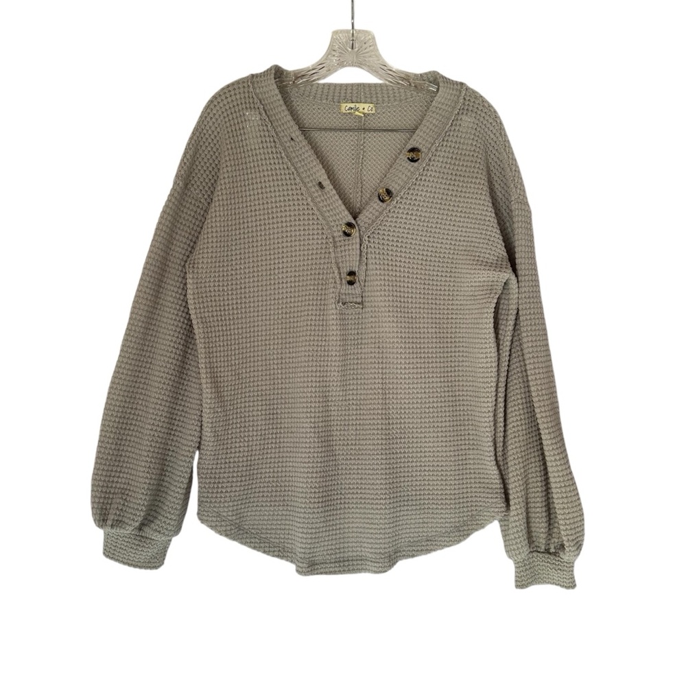 Camille & Co. Grey Waffle Knit Pullover Oversized 4 Button Up Shirt Size S/M